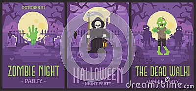 Three Halloween posters with graveyard scenes. Halloween flyers with zombies and Grim Reaper Vector Illustration