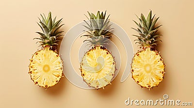 Three halved pineapples on beige background, tropical fruit arrangement. Summer and freshness concept Stock Photo