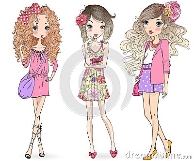 Three hand drawn beautiful cute cartoon summer girls. Vector Illustration