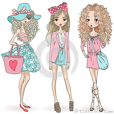 Three hand drawn beautiful cute cartoon summer girls. Vector Illustration