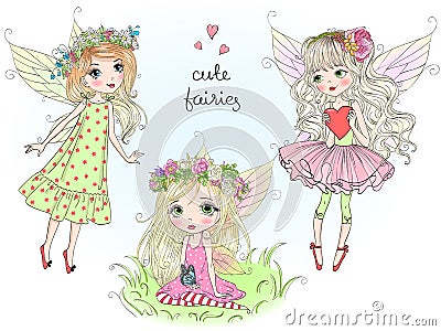 Three beautiful cute little fairies girls with butterfly wings. Vector illustration. Vector Illustration