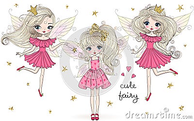 Hand drawn beautiful cute little tooth fairy princess girl with a tooth. Vector Illustration