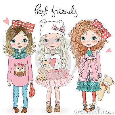 Three hand drawn beautiful cute little girls with Teddy bears on the background with the inscription best friends. Vector Illustration