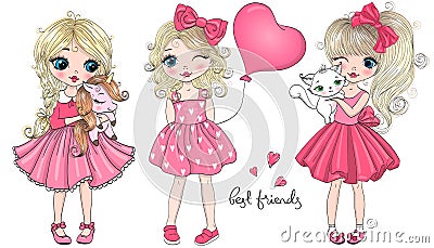 Three hand drawn beautiful cute little girls. Vector Illustration