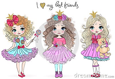 Three hand drawn beautiful cute little princess girls. Vector illustration. Vector Illustration