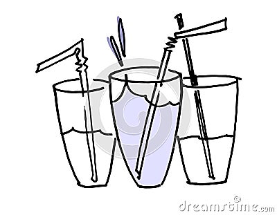 Three hand drawn glasses of water with drinking straws. A concept of growth and success. Isolated on white background Vector Illustration