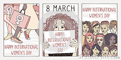 Three hand drawn postcards for international women`s day Vector Illustration