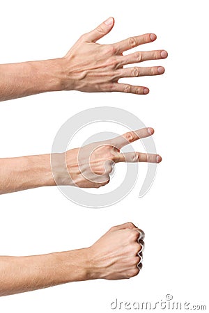 Three hand gestures. Rock Paper Scissors game Stock Photo