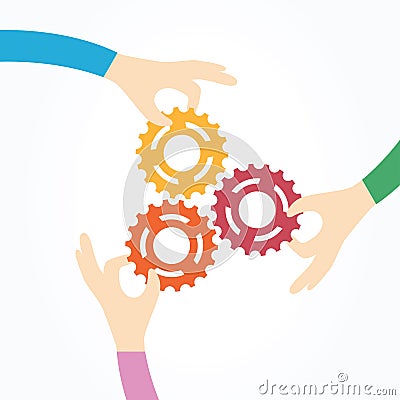 Three hands holding gears together. Vector Illustration