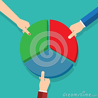 Three hands picking pie chart parts. Vector Illustration