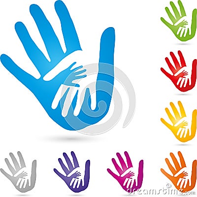 Three hands together, hands and family logo Stock Photo