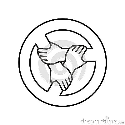 Three hands together support each other outline style logo. Teamwork, union or cooperation concept sign. Vector Illustration