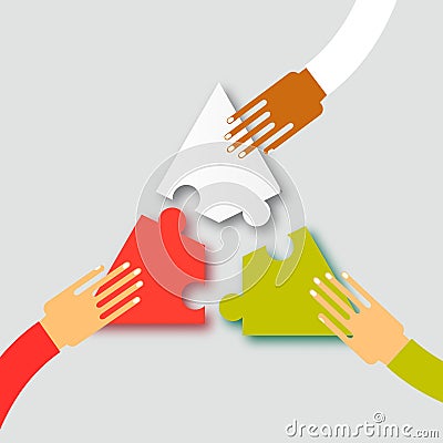 Three hands together team work. Vector Illustration