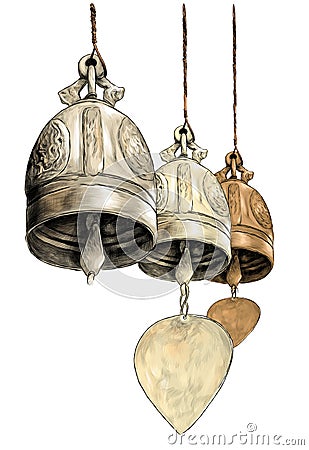 Three hanging metal bells in Buddhist temple Vector Illustration