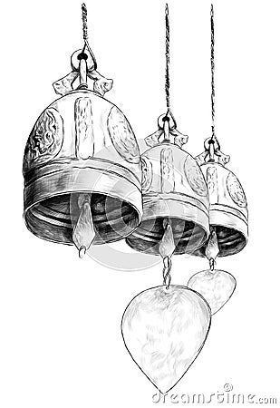 Three hanging metal bells in Buddhist temple Vector Illustration