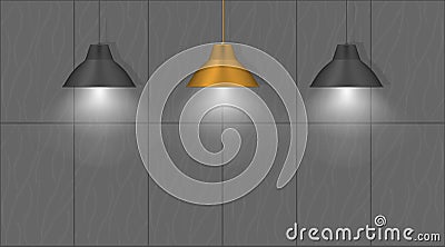 Three hanging pendant lamps near the wall. Elegant vintage interior lights. Black and gold bronze colors. Realistic vector Vector Illustration