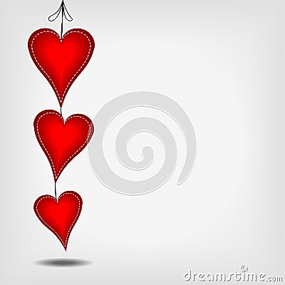 Three hanging red hearts with white stitches Vector Illustration