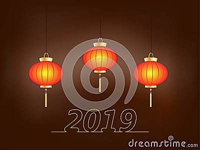 Chinese traditional red lanterns isolated on dark background, figures 2019 .Vector illustration Cartoon Illustration