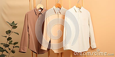 Three hanging shirts in brown, peach, and white colors Stock Photo