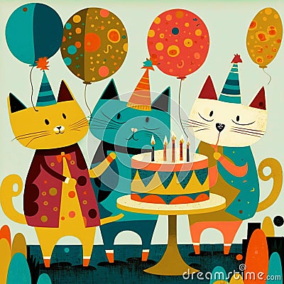 Three happy cats with birthday cake, candles hat and spotted balloons Stock Photo