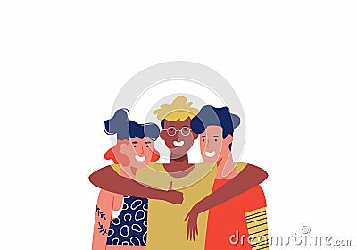 Three Happy friends in group hug isolated Vector Illustration