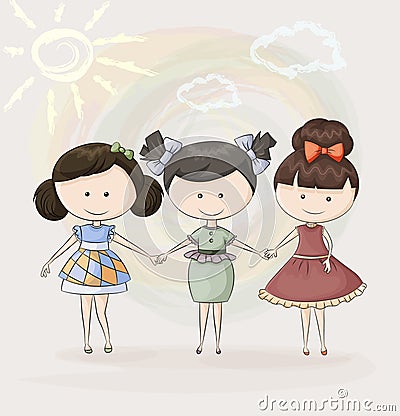 Three happy girl friends Vector Illustration