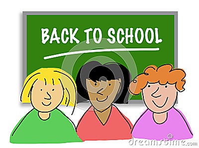Three happy girls in front of a blackboard saying Back To School. Illustration isolated Stock Photo