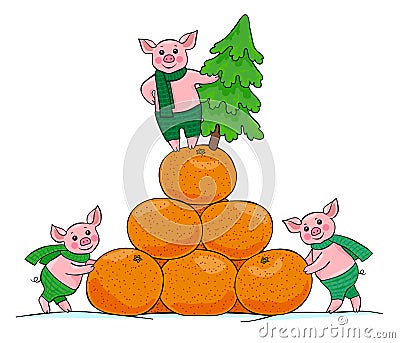 Three happy little pigs with a Christmas tree and a mountain of tangerines Vector Illustration