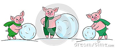 Three happy little pigs rolling snowballs Vector Illustration