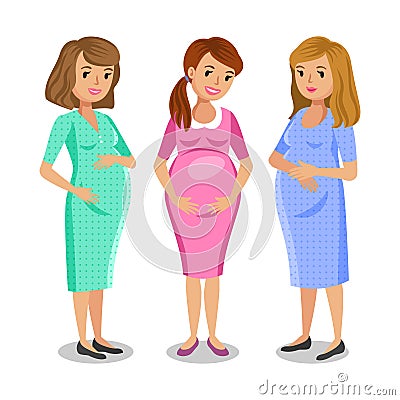 Three happy pregnant women. Maternity and friends concept Vector Illustration
