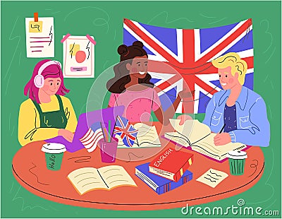 Students learning American and British English Vector Illustration