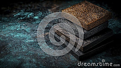 Three harmonious kanok patterns stacked in elegant arrangement artistic display dim lighting close-up perspective Stock Photo