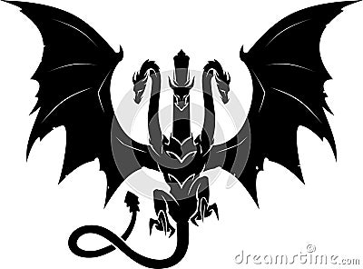 Three Headed Black Mythical Dragon Vector Illustration