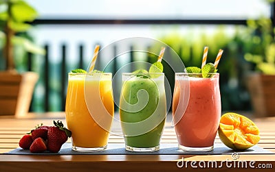 three healthy fruit smoothies are on a table Stock Photo