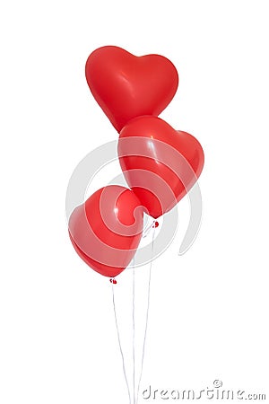 Three heart shaped red balloons on white background Stock Photo