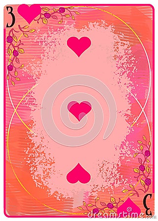 Three of Hearts playing card. Unique hand drawn pocker card. One of 52 cards in french card deck, English or Anglo-American Cartoon Illustration