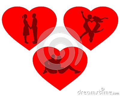 Three hearts with silhouettes Vector Illustration