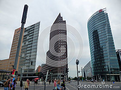 The three high modern buildings tower of the Postdamer platz to Berlin in Germany. Editorial Stock Photo