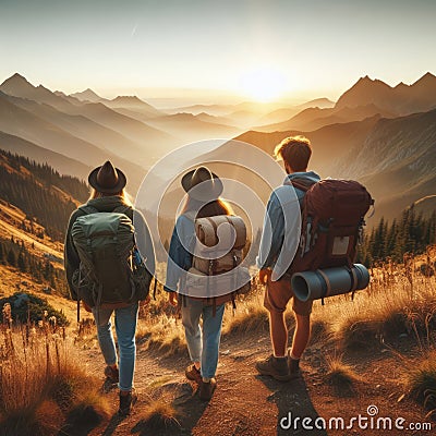 Three hikers admiring a sunrise over misty mountains, embodying the spirit of adventure and exploration. Stock Photo