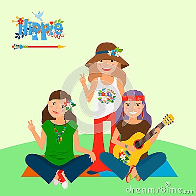 Three hippie girls and guitar Vector Illustration