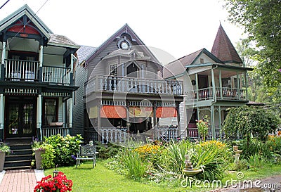 Three historic houses known as `The Sisters` inside spiritual compound, Lily Dale Assembly, New York, 2018 Editorial Stock Photo