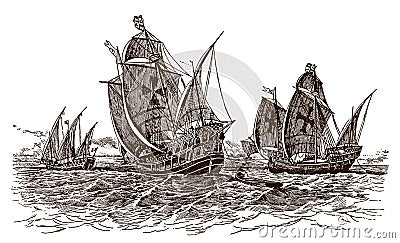 Three historic ships sailing on the sea Vector Illustration