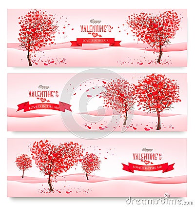 Three Holiday banners. Valentine trees with heart-shaped leaves. Vector Illustration