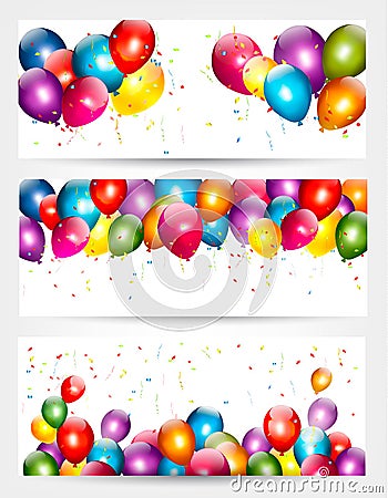 Three holiday birthday banners with balloons. Vector Illustration