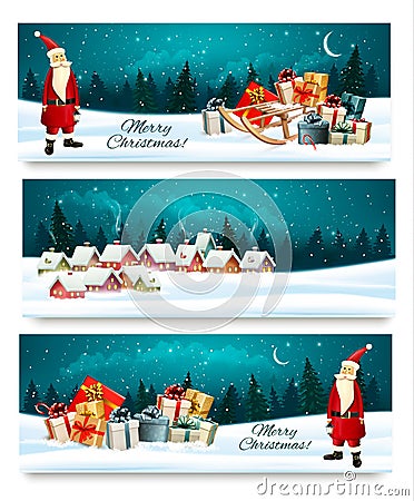 Three Holiday Christmas banners with a gift boxes Vector Illustration