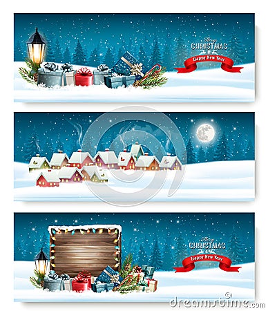 Three Holiday Christmas banners with a winter village Vector Illustration