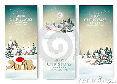 Three Holiday Christmas banners with a winter village and 2018. Vector Illustration