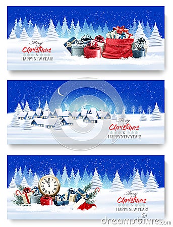 Three Holiday Christmas and New Year Banners with a Winter Village Landscape, gift boxes and Santa Hat. Vector Illustration