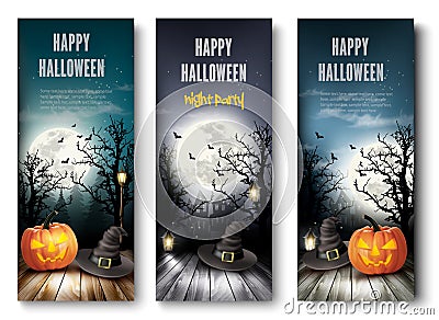 Three Holiday Halloween Banners with Pumpkins. Vector Illustration