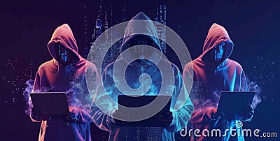 Hooded figures with digital tablets, representing cybersecurity and hacking concepts in a futuristic setting Stock Photo